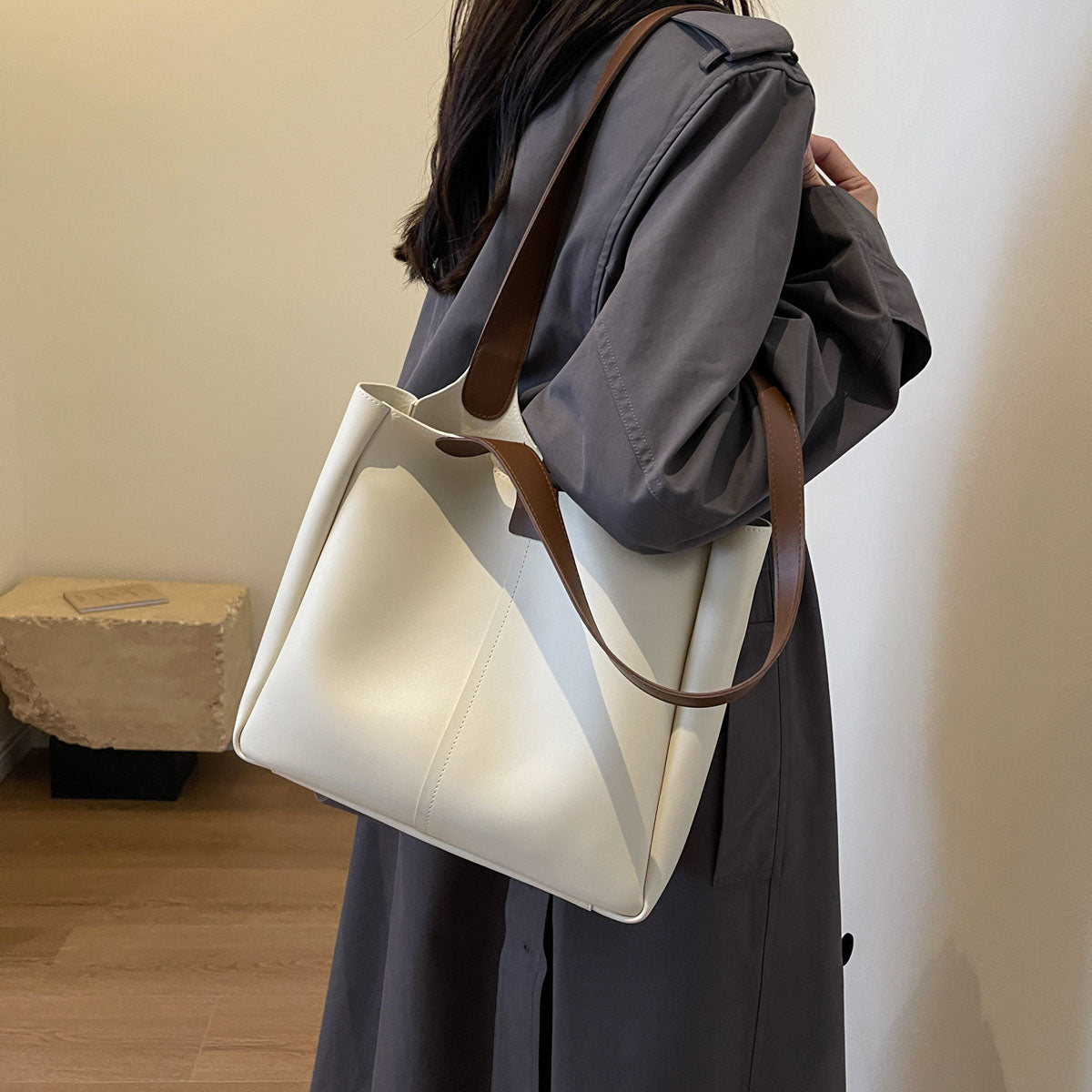 2-in-1 Tote Set – Wide Shoulder Strap Large Bag + Cute Inner Satchel