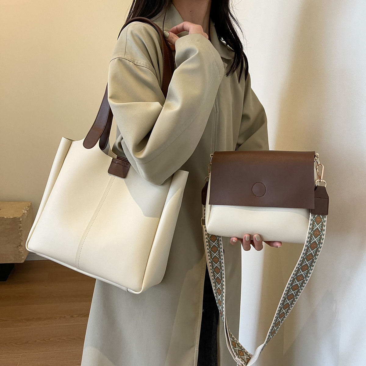 2-in-1 Tote Set – Wide Shoulder Strap Large Bag + Cute Inner Satchel