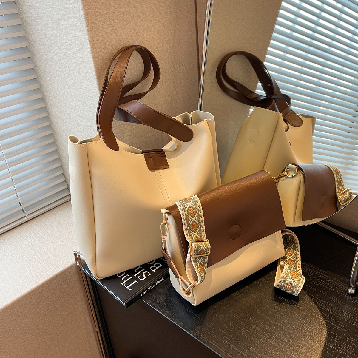 2-in-1 Tote Set – Wide Shoulder Strap Large Bag + Cute Inner Satchel